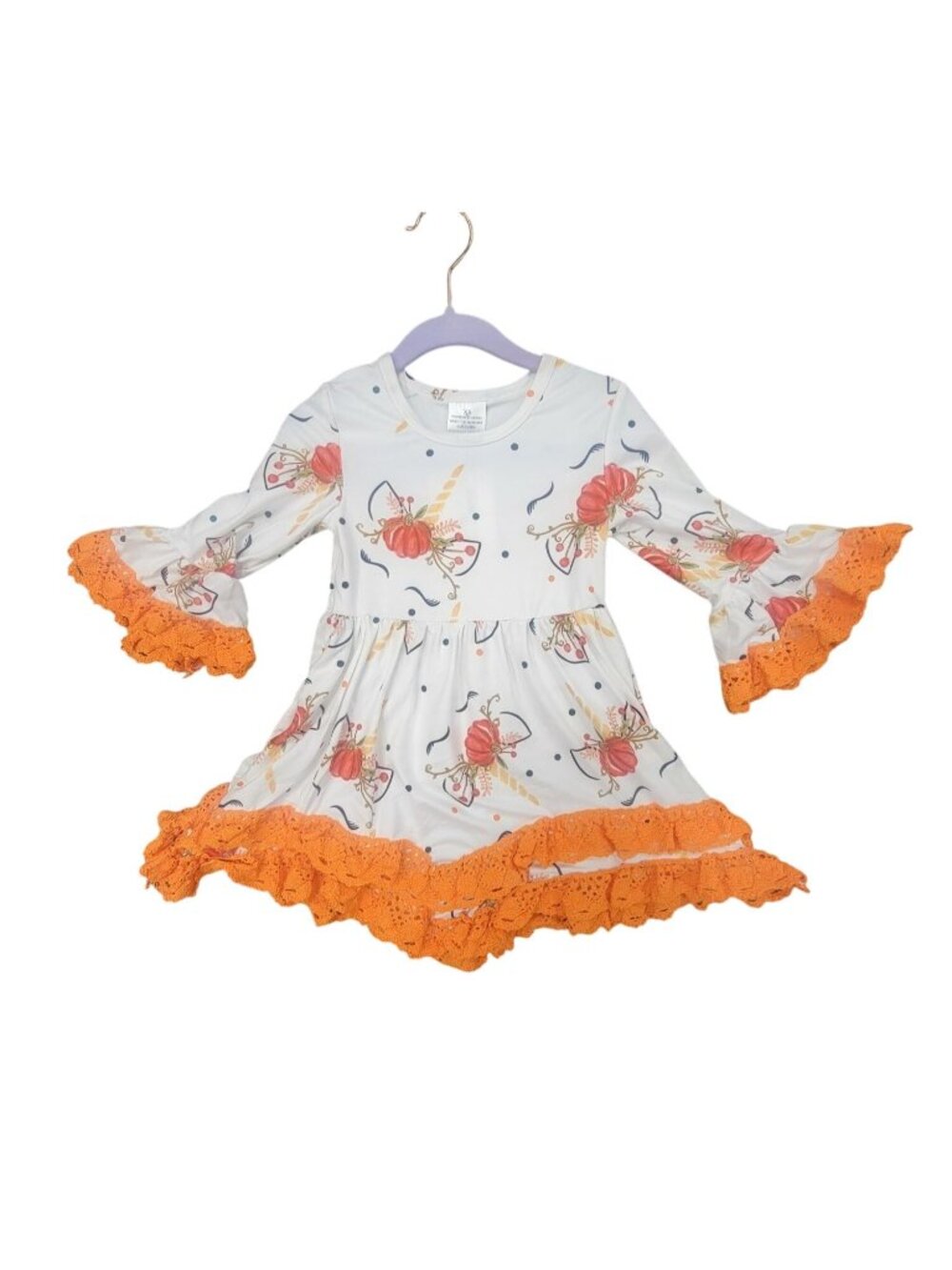 Pumpkin & Bow Print Toddler Dress With Orange Lace Trim 12-18 m